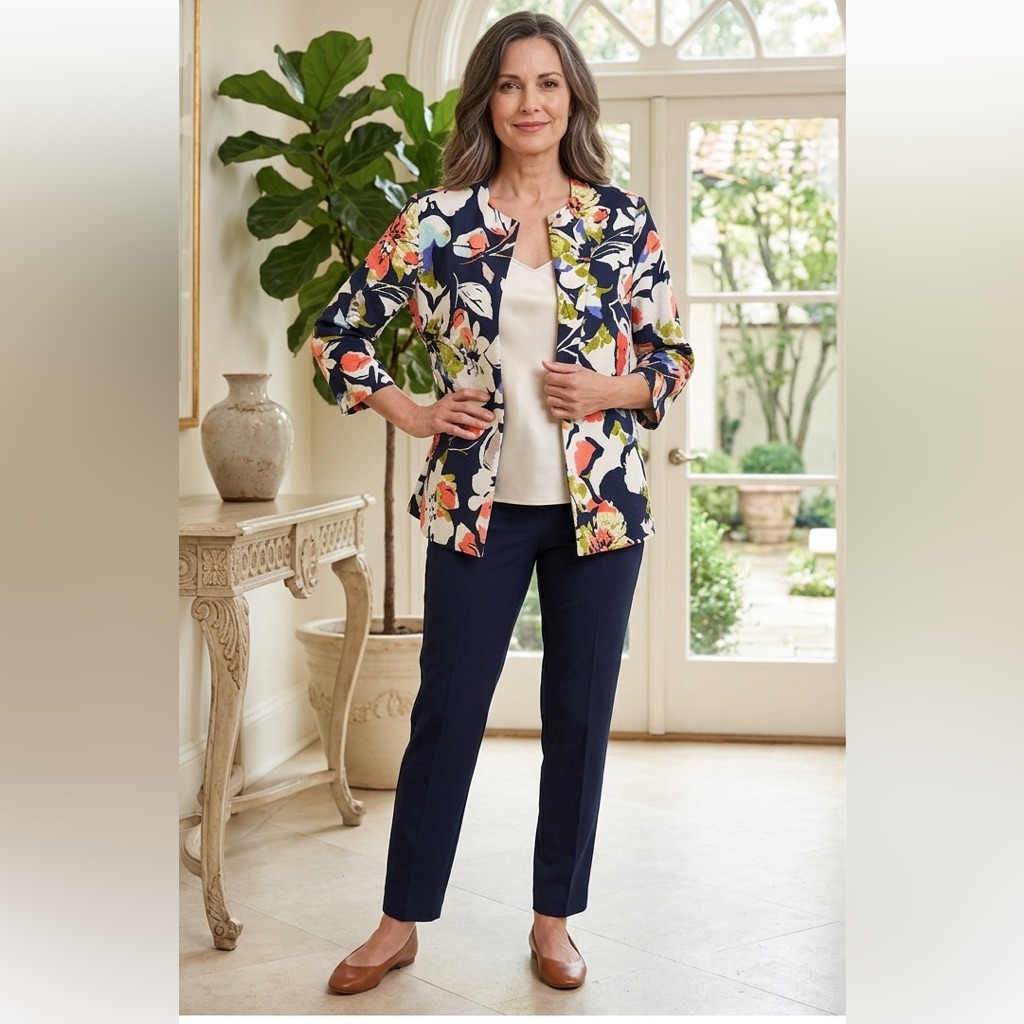 Alfred Dunner Floral Open Front Cotton Blazer Size 16
